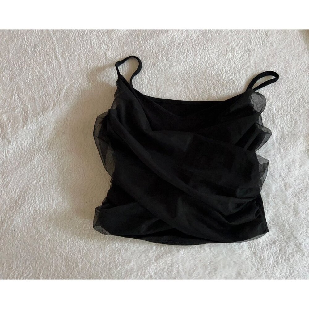 Daisy Black Mesh Overlay Ruched Tank Top Sleeveless Sheer Draped Y2K Style S